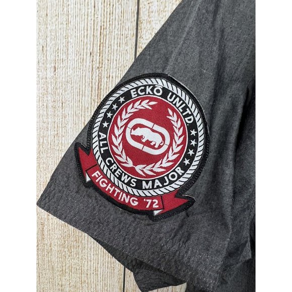 Ecko Unlimited Y2K Men Short Sleeve Button Front Shirt Sz M Gray Graphic Back‎ - Picture 6 of 10